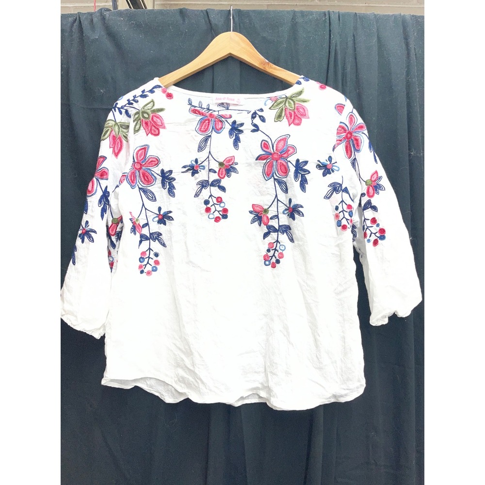 Ana & Rose White Floral Embroidered 3/4 Sleeve Blouse Top XL Boho Pink Blue